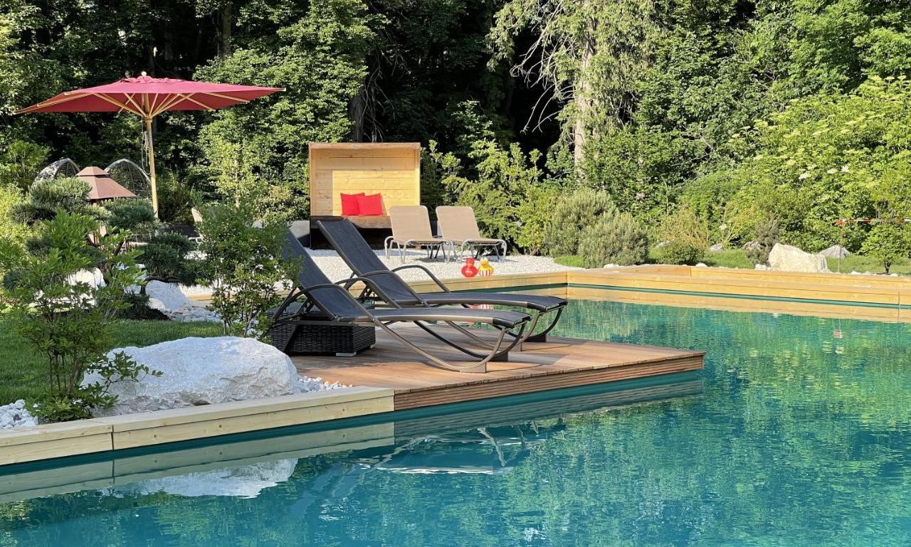 Bayern Resort Hotel - Adults Only - Mit Zugspitzblick - Eibsee-Naehe - Wellnessbereich - Naturpool Im Sommer グライナウ エクステリア 写真